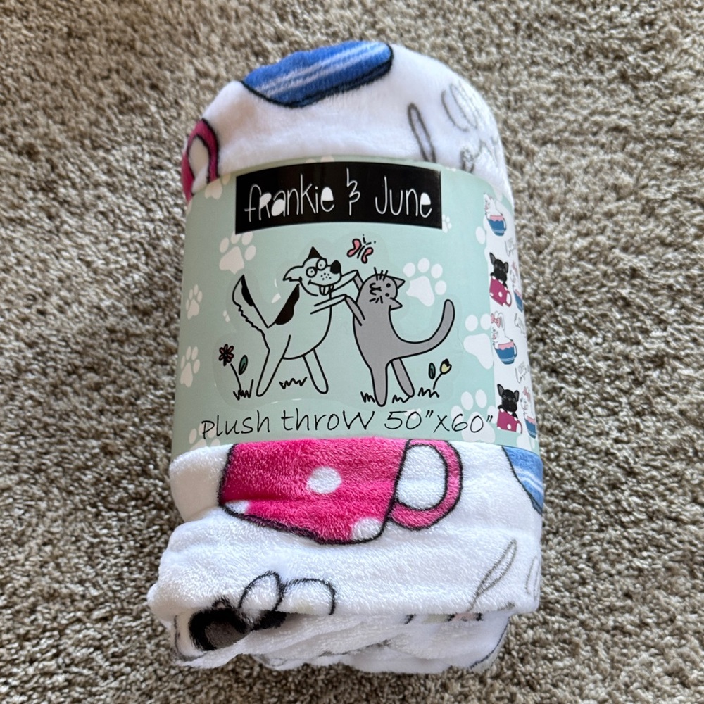 White Plush Throw Blanket with Pink & Blue Accents